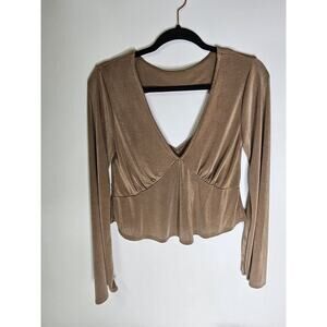 Urban Romantics Top Brown Size M Open Back Bell Sleeve Stretch Plunge Body Con